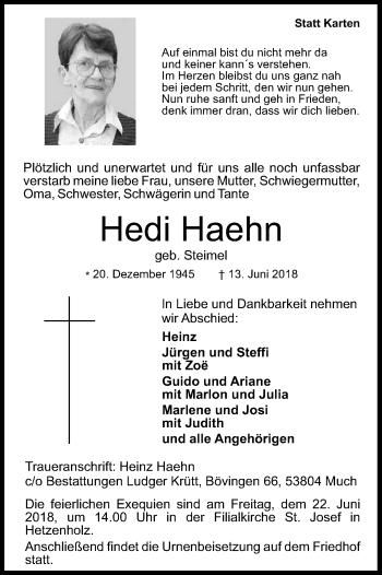 Anzeige von Hedi Haehn von Kölner Stadt-Anzeiger / Kölnische Rundschau / Express