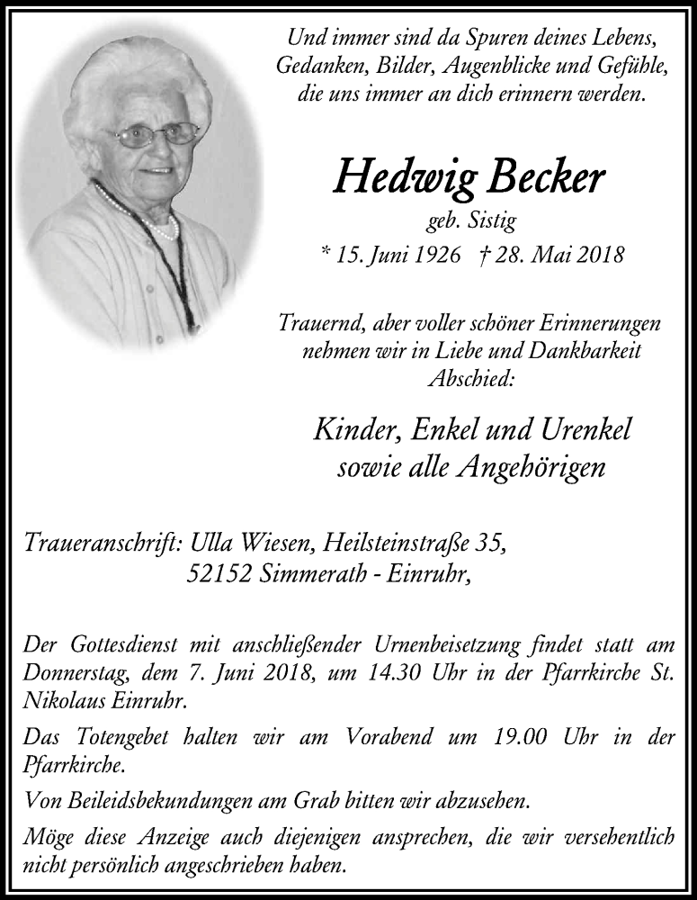  Traueranzeige für Hedwig Becker vom 02.06.2018 aus Kölner Stadt-Anzeiger / Kölnische Rundschau / Express