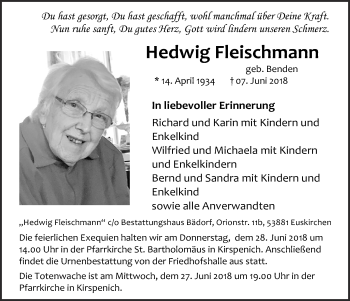 Anzeige von Hedwig Fleischmann von  Blickpunkt Euskirchen 