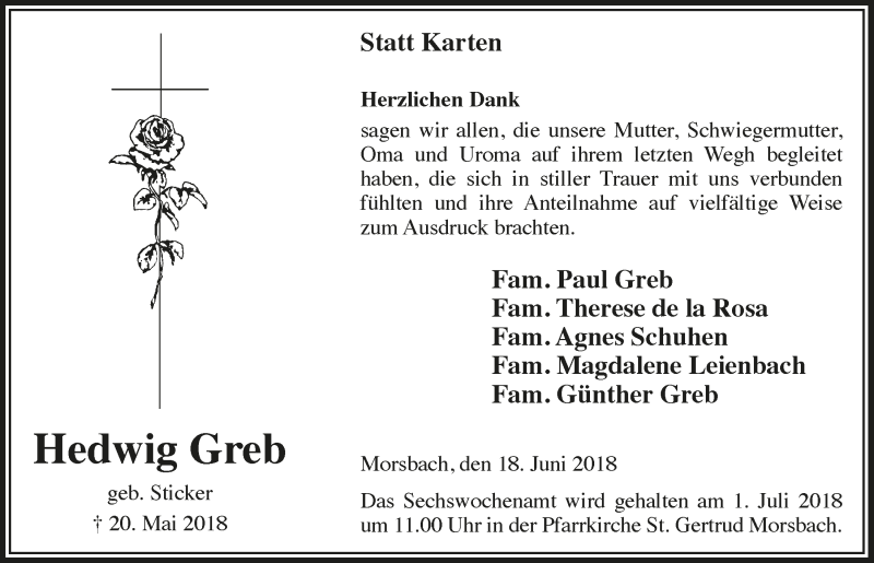  Traueranzeige für Hedwig Greb vom 27.06.2018 aus  Lokalanzeiger 