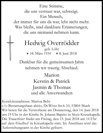 Anzeige von Hedwig Overrödder von Kölner Stadt-Anzeiger / Kölnische Rundschau / Express