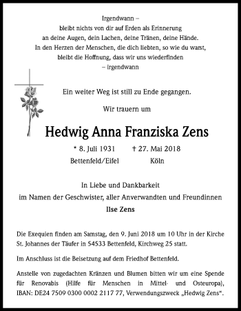Anzeige von Hedwig Anna Franziska Zens von Kölner Stadt-Anzeiger / Kölnische Rundschau / Express