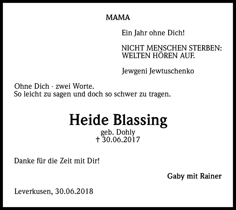  Traueranzeige für Heide Blassing vom 30.06.2018 aus Kölner Stadt-Anzeiger / Kölnische Rundschau / Express