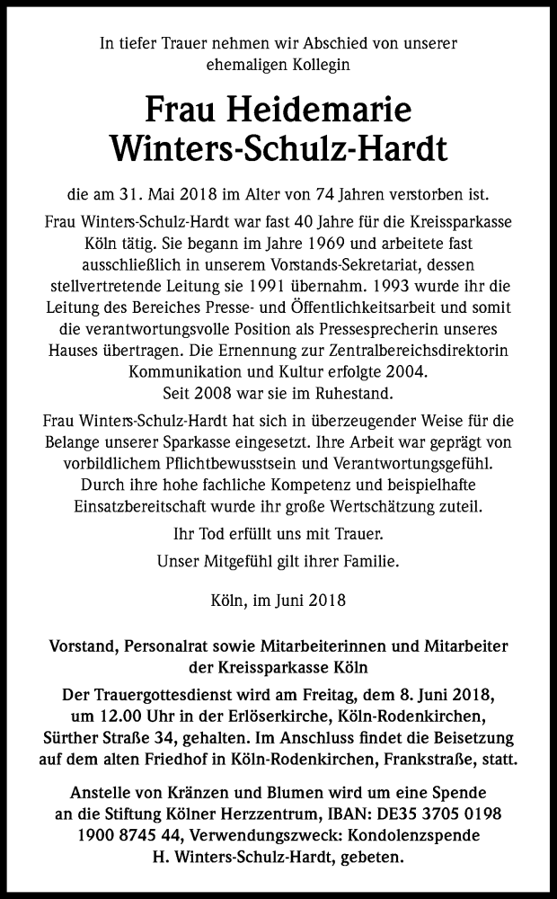  Traueranzeige für Heidemarie Winters-Schulz-Hardt vom 07.06.2018 aus Kölner Stadt-Anzeiger / Kölnische Rundschau / Express