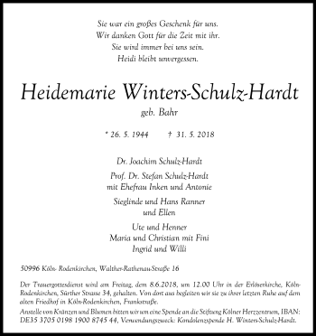Anzeige von Heidemarie Winters-Schulz-Hardt von Kölner Stadt-Anzeiger / Kölnische Rundschau / Express