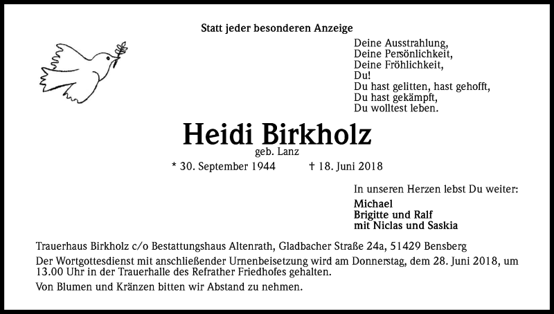  Traueranzeige für Heidi Birkholz vom 23.06.2018 aus Kölner Stadt-Anzeiger / Kölnische Rundschau / Express