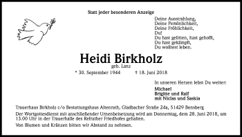Anzeige von Heidi Birkholz von Kölner Stadt-Anzeiger / Kölnische Rundschau / Express