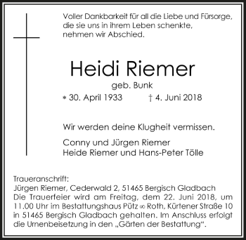 Anzeige von Heidi Riemer von  Bergisches Sonntagsblatt 