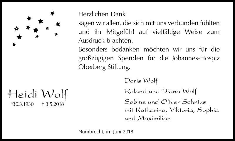  Traueranzeige für Heidi Wolf vom 16.06.2018 aus Kölner Stadt-Anzeiger / Kölnische Rundschau / Express