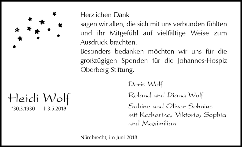  Traueranzeige für Heidi Wolf vom 13.06.2018 aus  Anzeigen Echo  Lokalanzeiger 