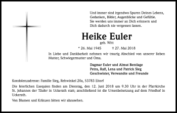 Anzeige von Heike Euler von Kölner Stadt-Anzeiger / Kölnische Rundschau / Express