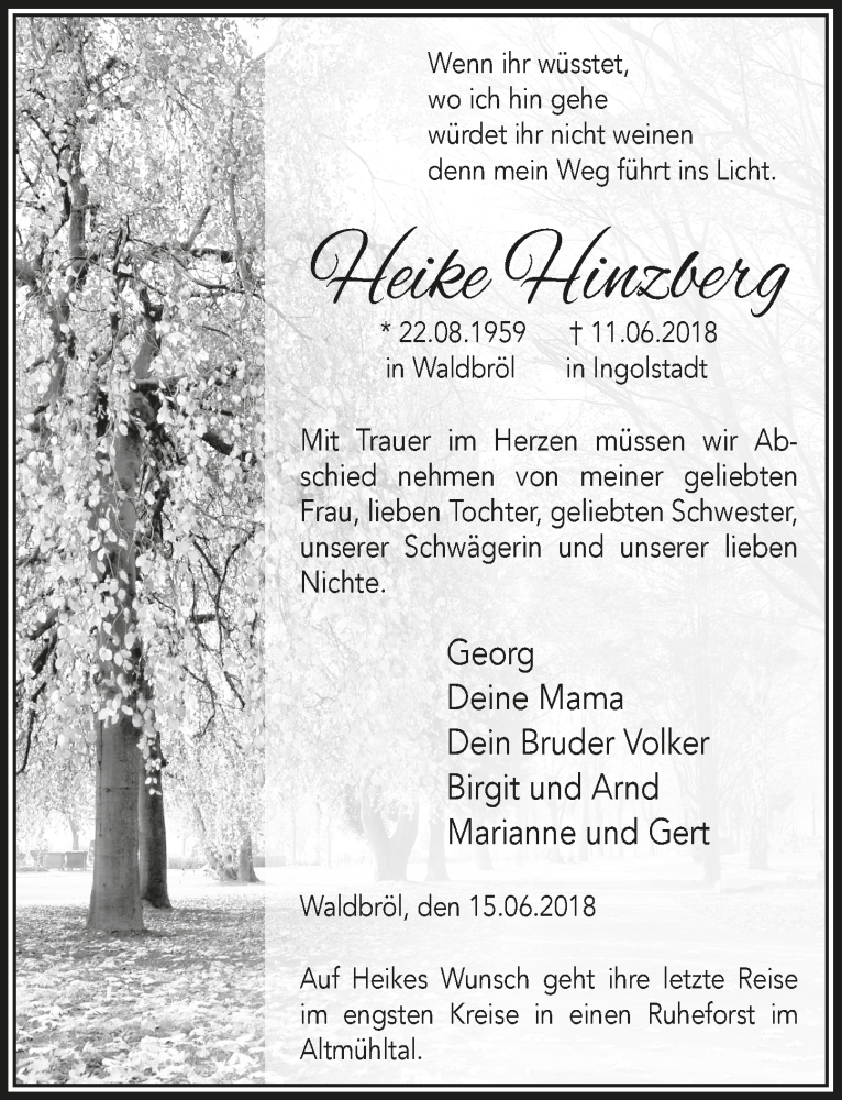 Traueranzeige für Heike Hinzberg vom 20.06.2018 aus  Lokalanzeiger 