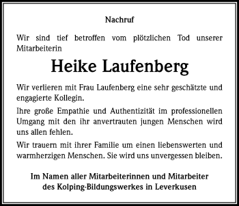 Anzeige von Heike Laufenberg von Kölner Stadt-Anzeiger / Kölnische Rundschau / Express