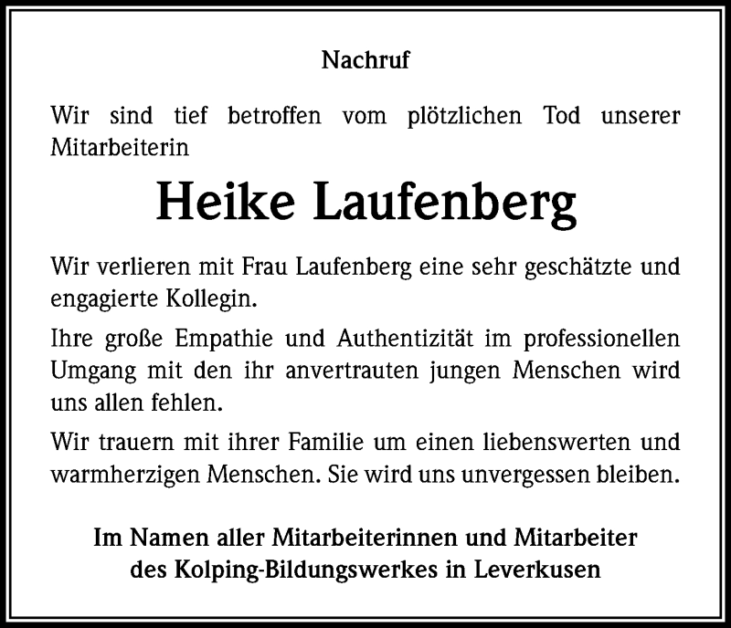  Traueranzeige für Heike Laufenberg vom 16.06.2018 aus Kölner Stadt-Anzeiger / Kölnische Rundschau / Express