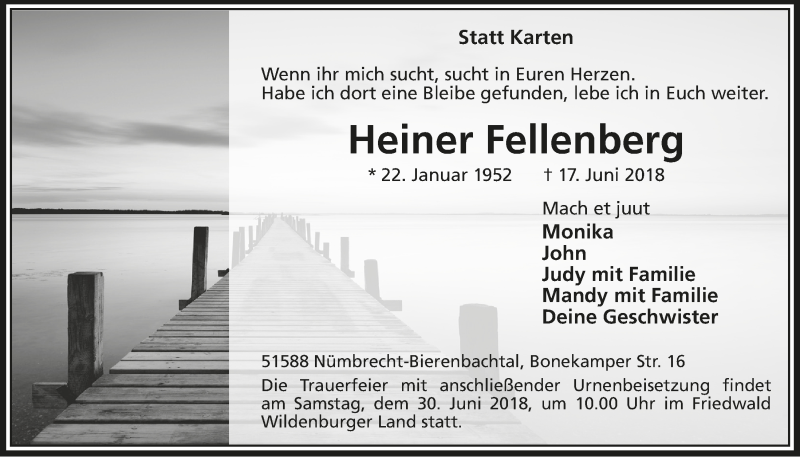  Traueranzeige für Heiner Fellenberg vom 27.06.2018 aus  Lokalanzeiger 