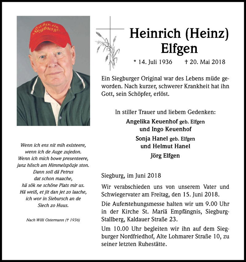  Traueranzeige für Heinrich Elfgen vom 02.06.2018 aus Kölner Stadt-Anzeiger / Kölnische Rundschau / Express