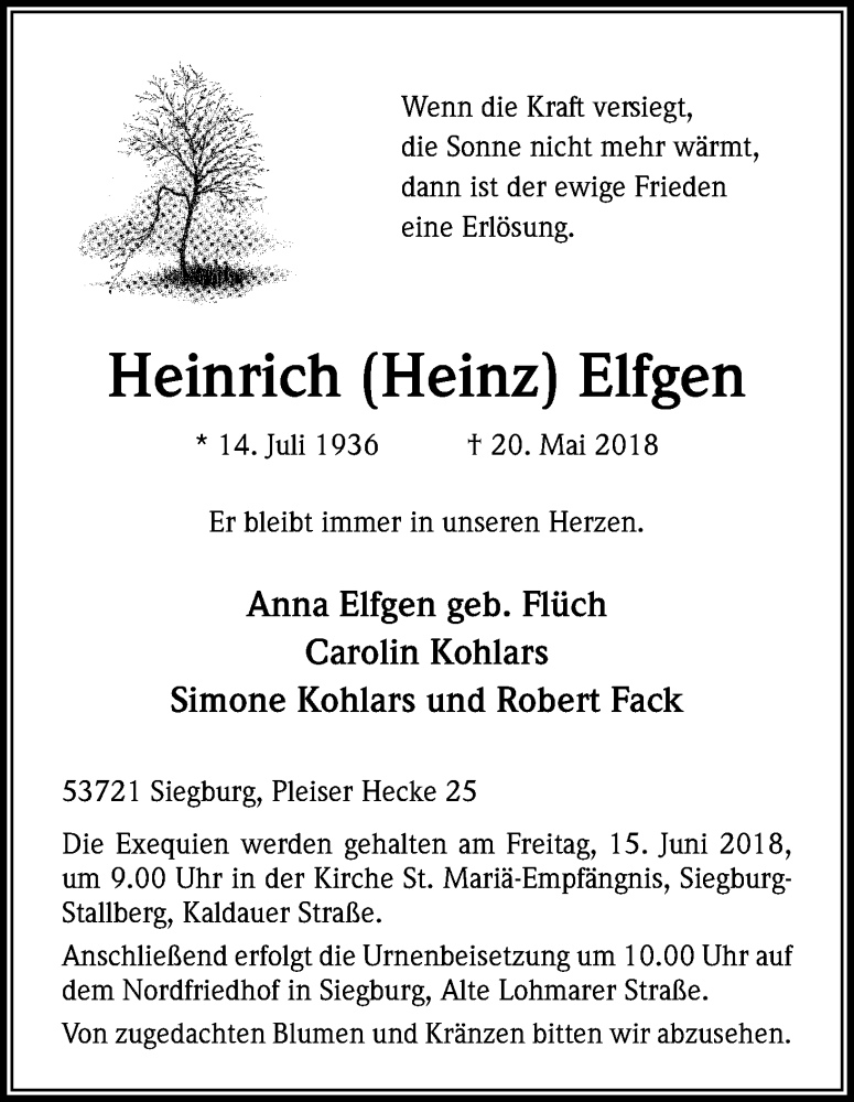  Traueranzeige für Heinrich Elfgen vom 02.06.2018 aus Kölner Stadt-Anzeiger / Kölnische Rundschau / Express