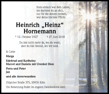Anzeige von Heinrich  Hornemann von Kölner Stadt-Anzeiger / Kölnische Rundschau / Express