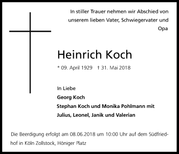 Anzeige von Heinrich Koch von Kölner Stadt-Anzeiger / Kölnische Rundschau / Express