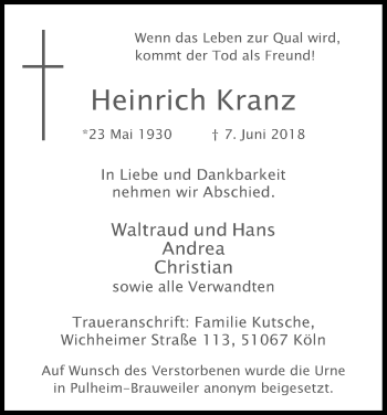 Anzeige von Heinrich Kranz von Kölner Stadt-Anzeiger / Kölnische Rundschau / Express