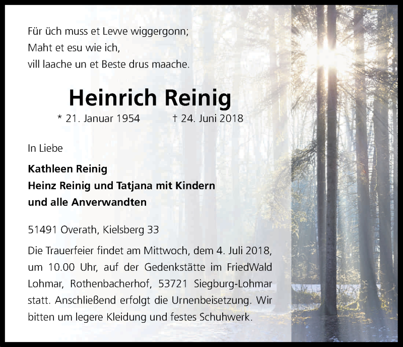  Traueranzeige für Heinrich Reinig vom 30.06.2018 aus Kölner Stadt-Anzeiger / Kölnische Rundschau / Express