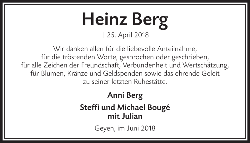  Traueranzeige für Heinz Berg vom 09.06.2018 aus  Sonntags-Post 