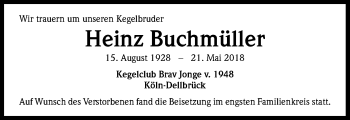 Anzeige von Heinz Buchmüller von Kölner Stadt-Anzeiger / Kölnische Rundschau / Express