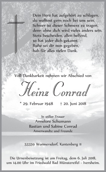 Anzeige von Heinz Conrad von  Schaufenster/Blickpunkt 
