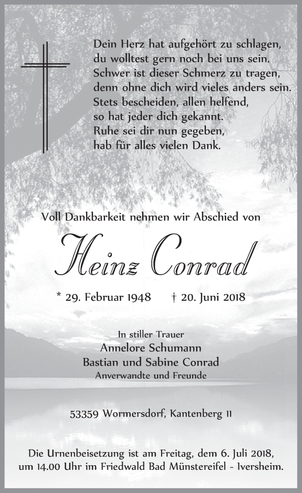  Traueranzeige für Heinz Conrad vom 27.06.2018 aus  Schaufenster/Blickpunkt 