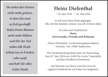 Anzeige von Heinz Diefenthal von  Blickpunkt Euskirchen 