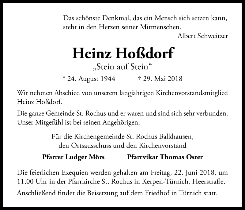  Traueranzeige für Heinz Hoßdorf vom 20.06.2018 aus Kölner Stadt-Anzeiger / Kölnische Rundschau / Express