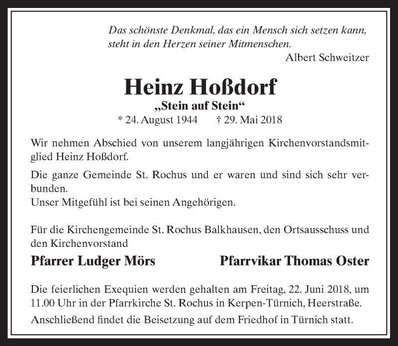  Traueranzeige für Heinz Hoßdorf vom 20.06.2018 aus  Werbepost 