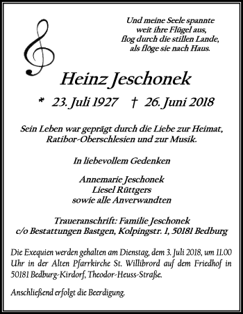 Anzeige von Heinz Jeschonek von Kölner Stadt-Anzeiger / Kölnische Rundschau / Express