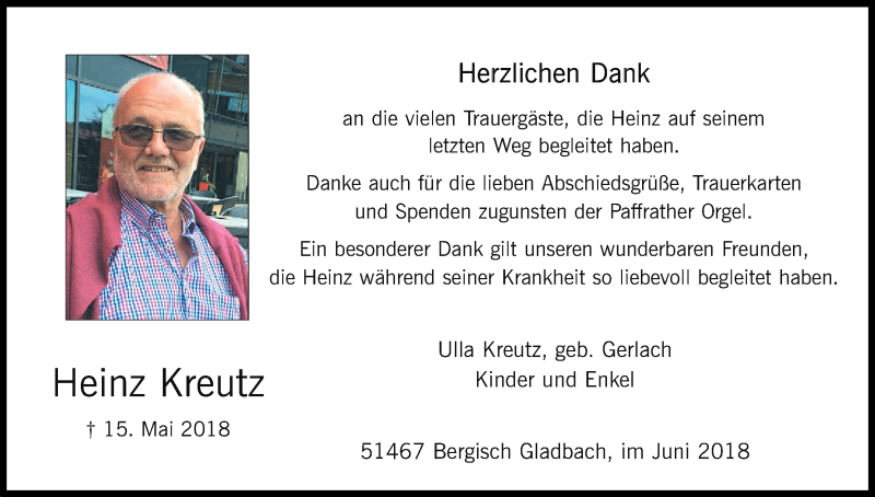  Traueranzeige für Heinz Kreutz vom 23.06.2018 aus Kölner Stadt-Anzeiger / Kölnische Rundschau / Express