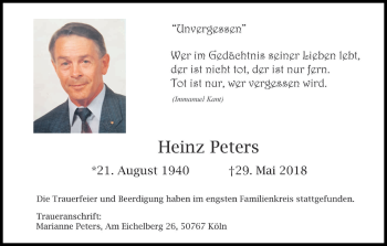 Anzeige von Heinz Peters von Kölner Stadt-Anzeiger / Kölnische Rundschau / Express