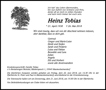 Anzeige von Heinz Tobias von Kölner Stadt-Anzeiger / Kölnische Rundschau / Express