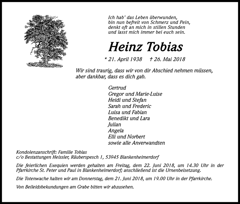  Traueranzeige für Heinz Tobias vom 13.06.2018 aus Kölner Stadt-Anzeiger / Kölnische Rundschau / Express