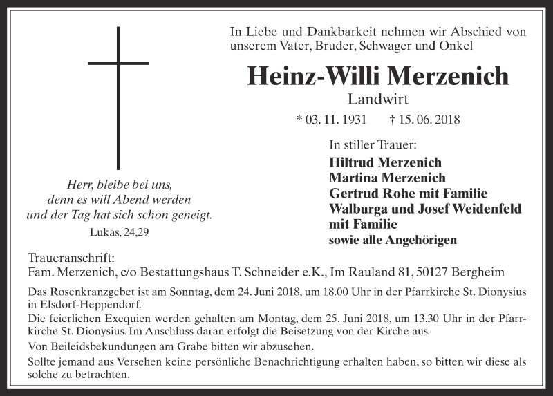  Traueranzeige für Heinz-Willi Merzenich vom 20.06.2018 aus  Werbepost 