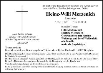 Anzeige von Heinz-Willi Merzenich von Kölner Stadt-Anzeiger / Kölnische Rundschau / Express