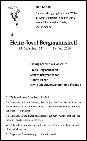 Anzeige von Heinz Josef Bergmannshoff von Kölner Stadt-Anzeiger / Kölnische Rundschau / Express