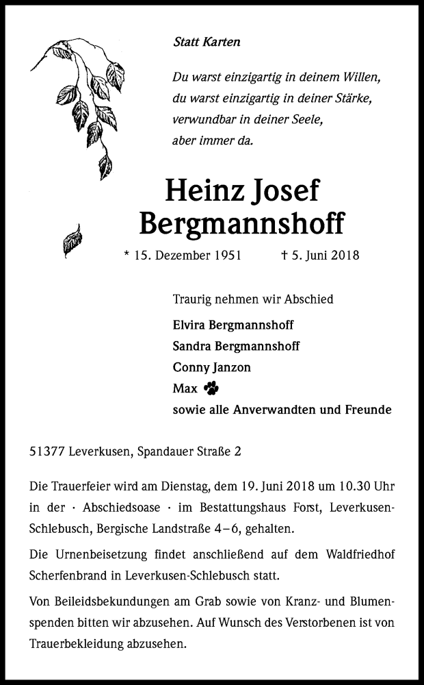  Traueranzeige für Heinz Josef Bergmannshoff vom 13.06.2018 aus Kölner Stadt-Anzeiger / Kölnische Rundschau / Express