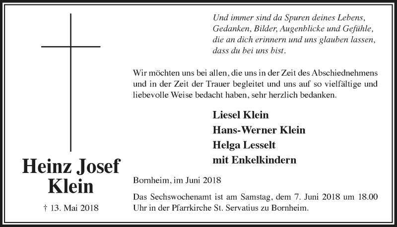  Traueranzeige für Heinz Josef Klein vom 27.06.2018 aus  Schaufenster/Blickpunkt 