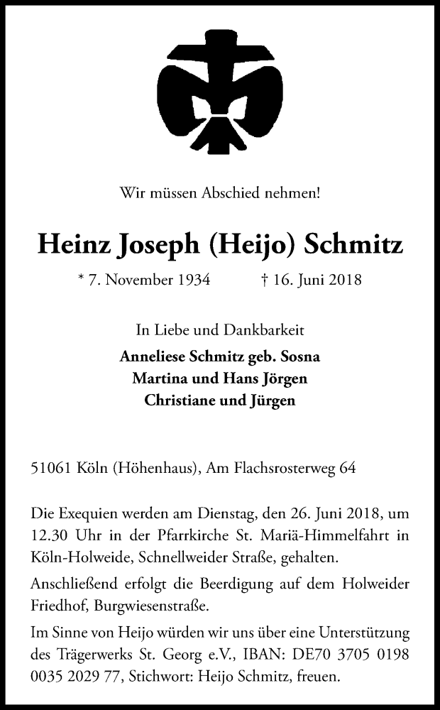  Traueranzeige für Heinz Joseph Schmitz vom 23.06.2018 aus Kölner Stadt-Anzeiger / Kölnische Rundschau / Express