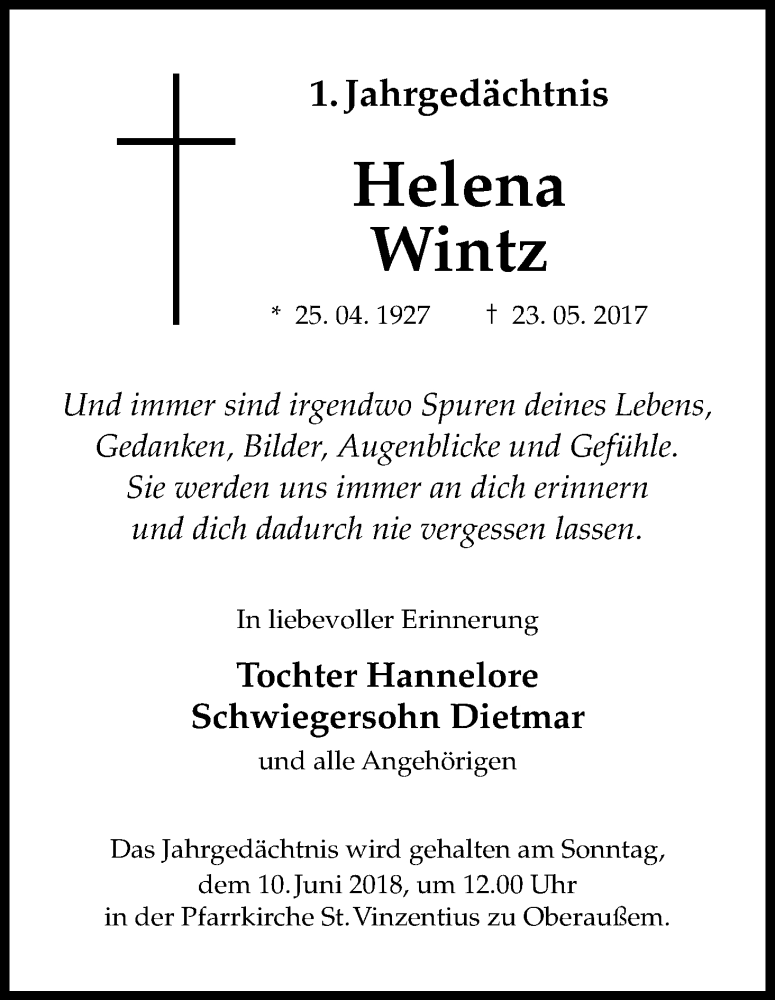  Traueranzeige für Helena Wintz vom 06.06.2018 aus Kölner Stadt-Anzeiger / Kölnische Rundschau / Express