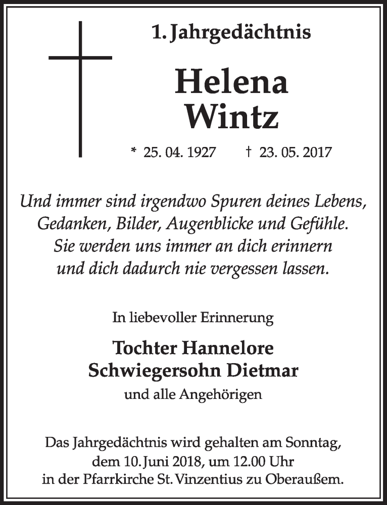  Traueranzeige für Helena Wintz vom 02.06.2018 aus  Sonntags-Post 