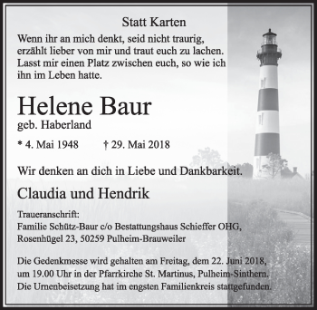 Anzeige von Helene Baur von  Sonntags-Post 