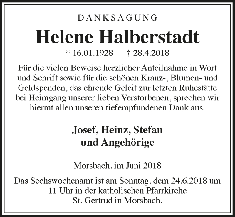  Traueranzeige für Helene Halberstadt vom 20.06.2018 aus  Lokalanzeiger 