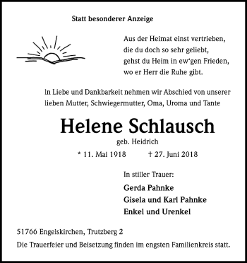 Anzeige von Helene Schlausch von Kölner Stadt-Anzeiger / Kölnische Rundschau / Express