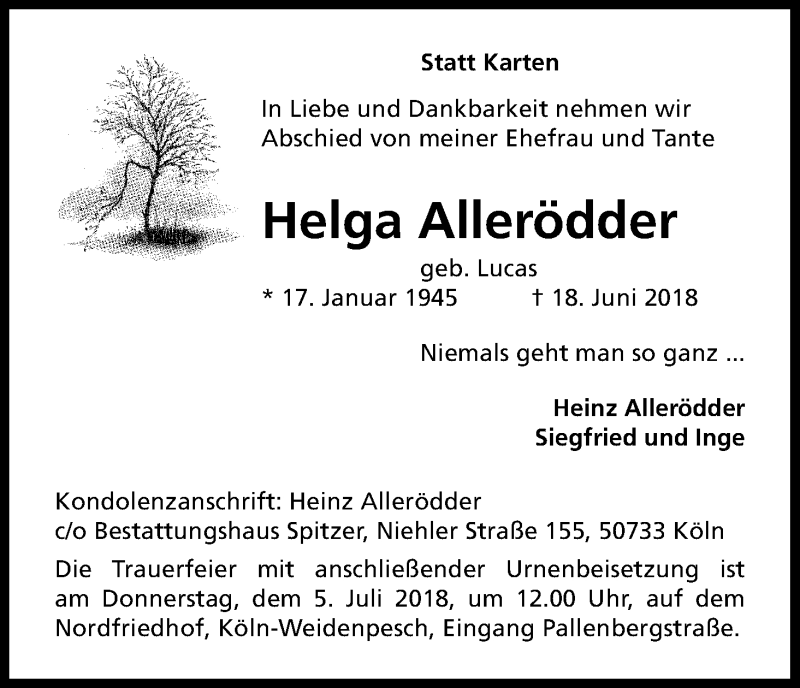  Traueranzeige für Helga Allerödder vom 30.06.2018 aus Kölner Stadt-Anzeiger / Kölnische Rundschau / Express
