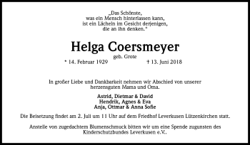 Anzeige von Helga Coersmeyer von Kölner Stadt-Anzeiger / Kölnische Rundschau / Express